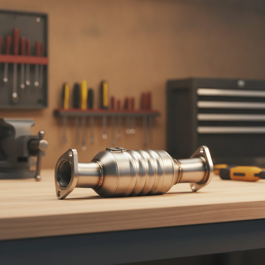 A catalytic converter part on a workshop bench